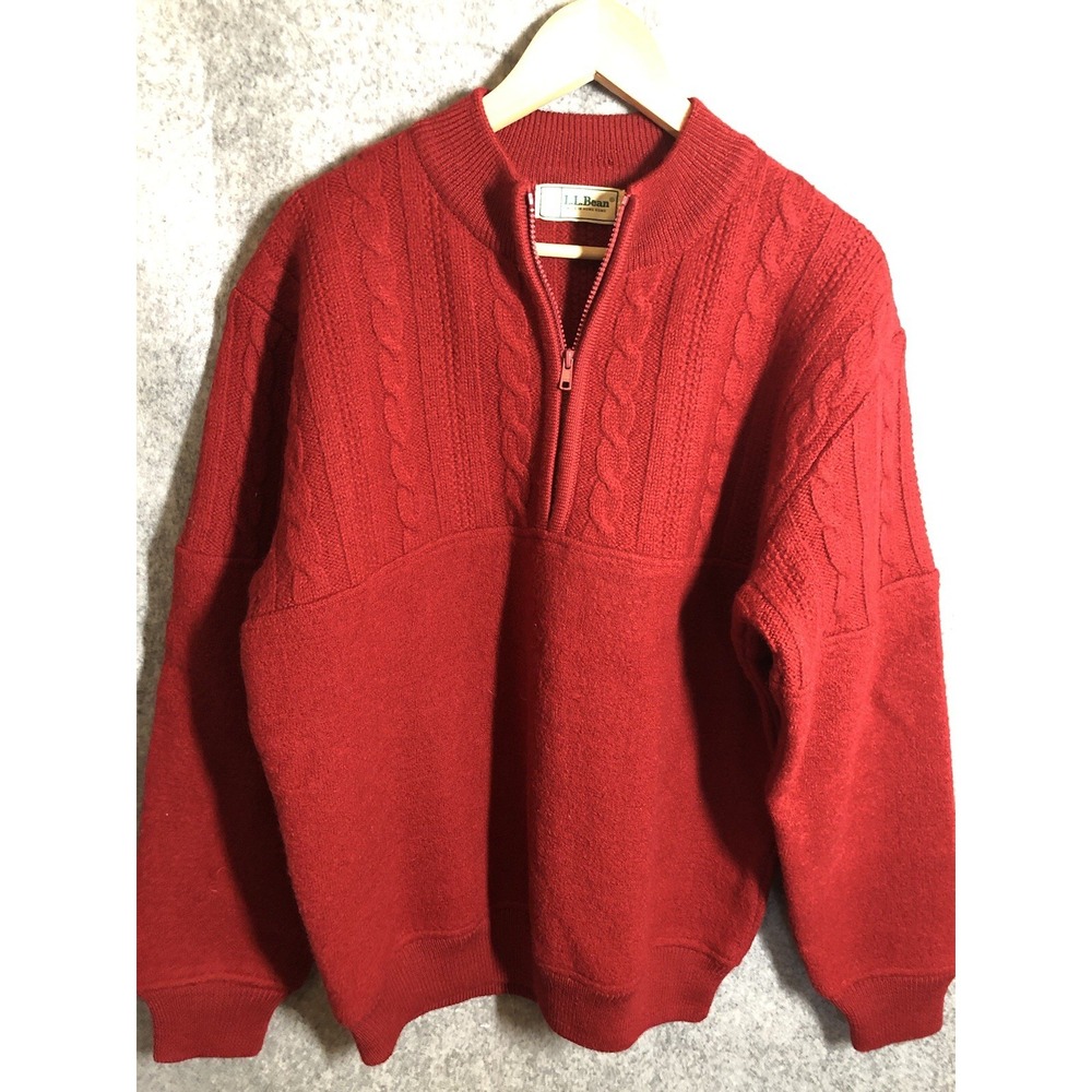 Vintage L.L. Bean Sweater Medium Red 1/4 Zip 100% Pure Wool Triple Cable Knit